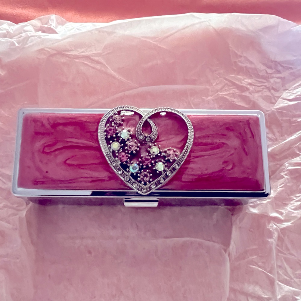 Fashionable Lipstick Case Holder with Mirror - Pink Heart & Faux Rhinestones …